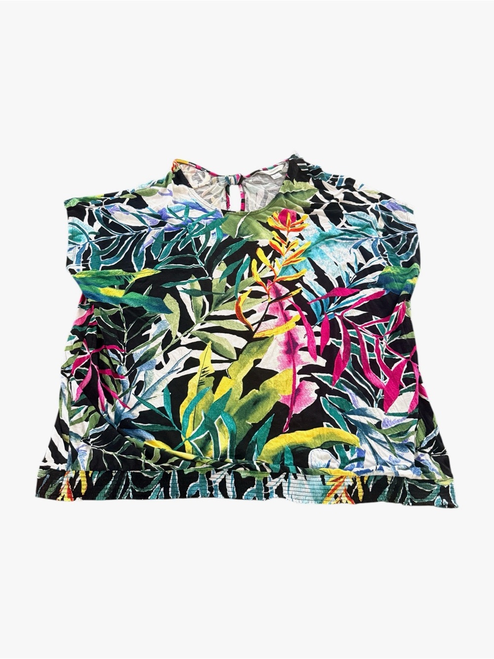 CJ Banks 3X Tropical Floral Leaf Keyhole Smocked Hem Blouse